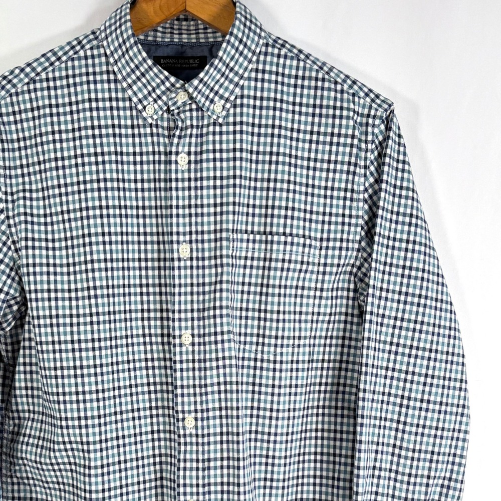 Banana Republic Button Down Shirt Blue White Gingham Grant Fit Custom 078 Wash M